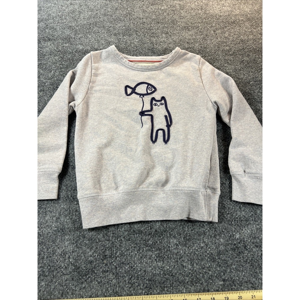 Johnnie b. by Boden Gray Embroidered Cat & Fish Balloon Sweatshirt Size 6/7 Y
